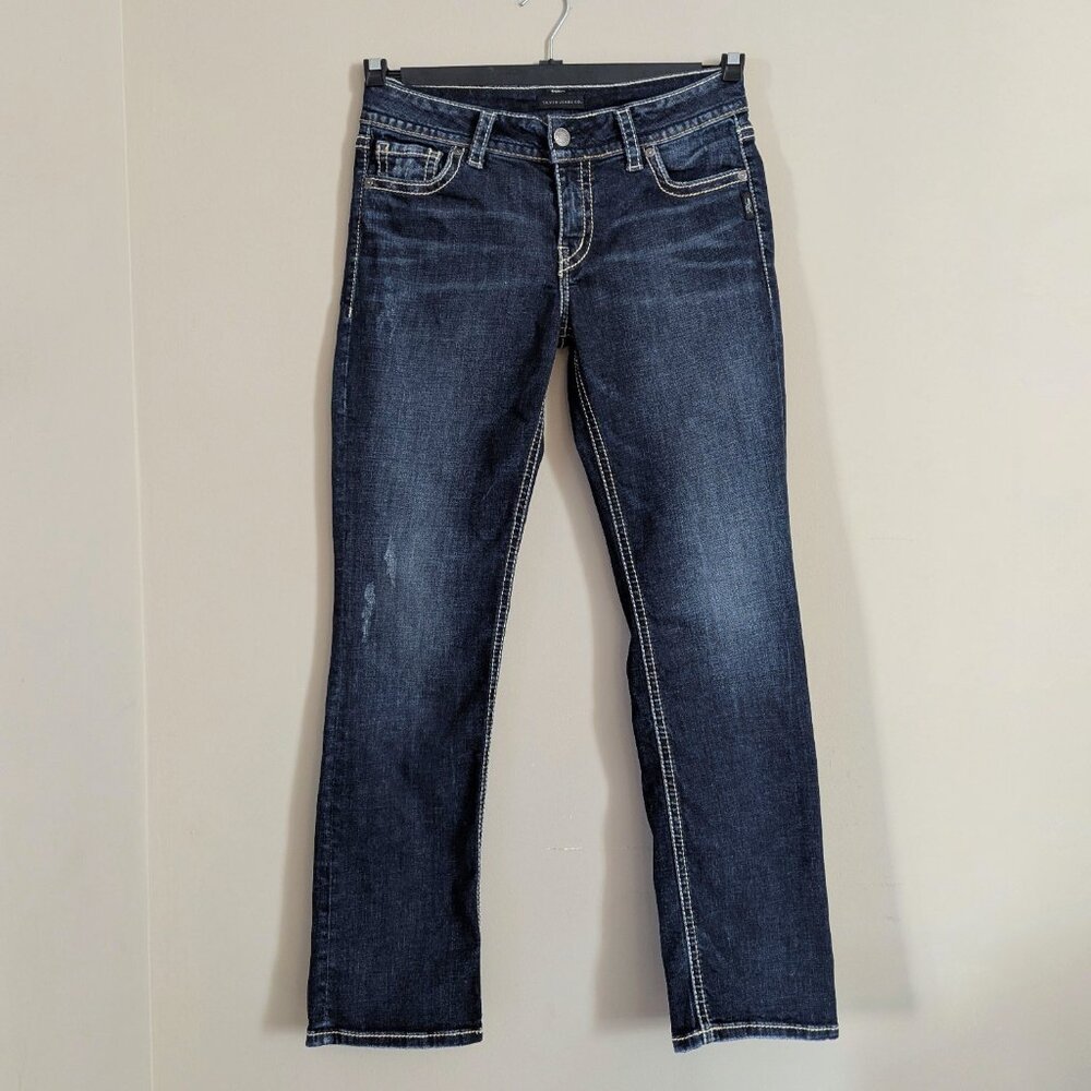 Silver Jeans Suki Mid Rise Straight Dark Women's 31x32 Stretch Denim Distressed